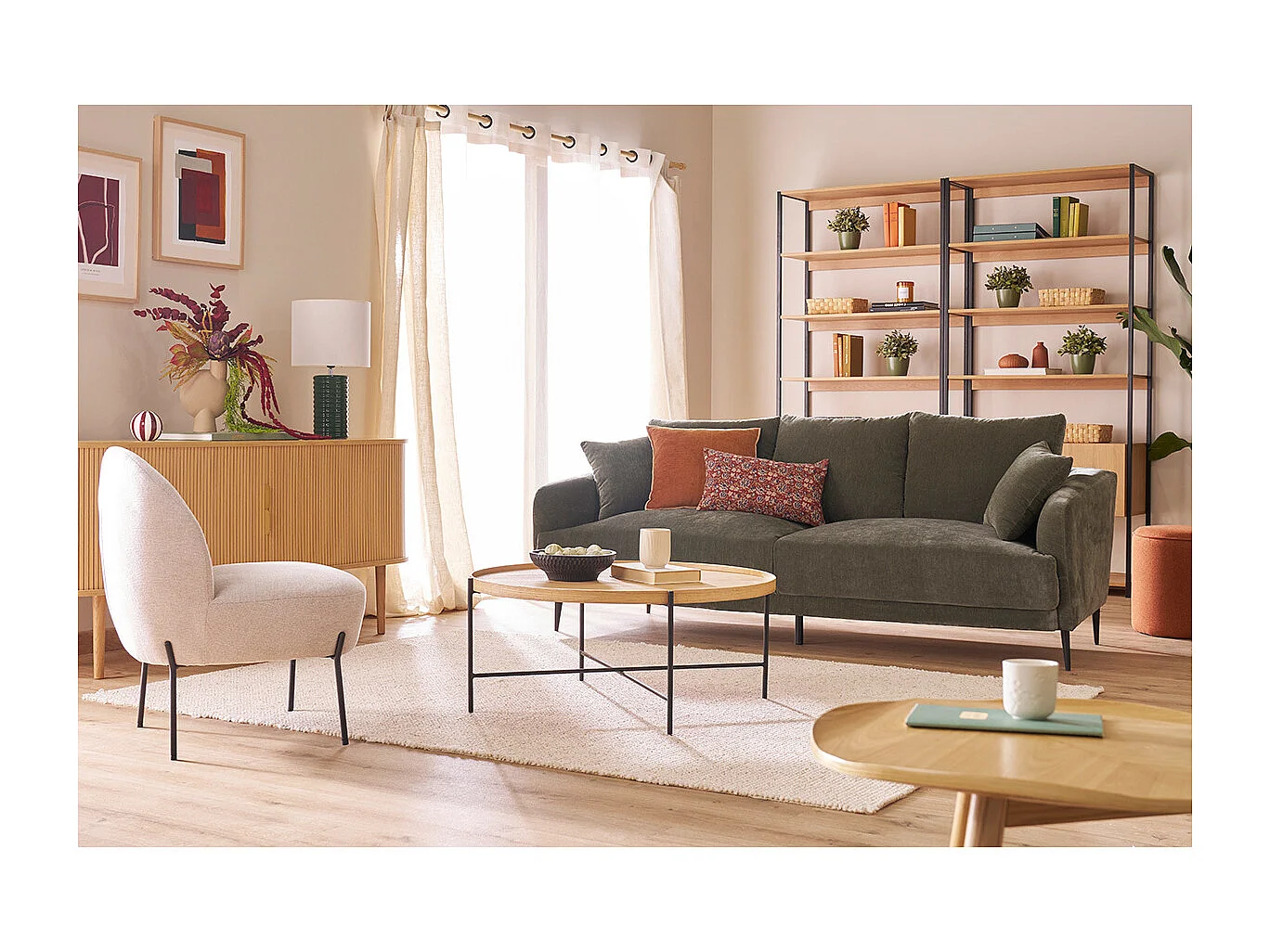 Lámpara de mesa de cerámica esmaltada verde oscuro con pantalla de color crudo 53 cm BERRO