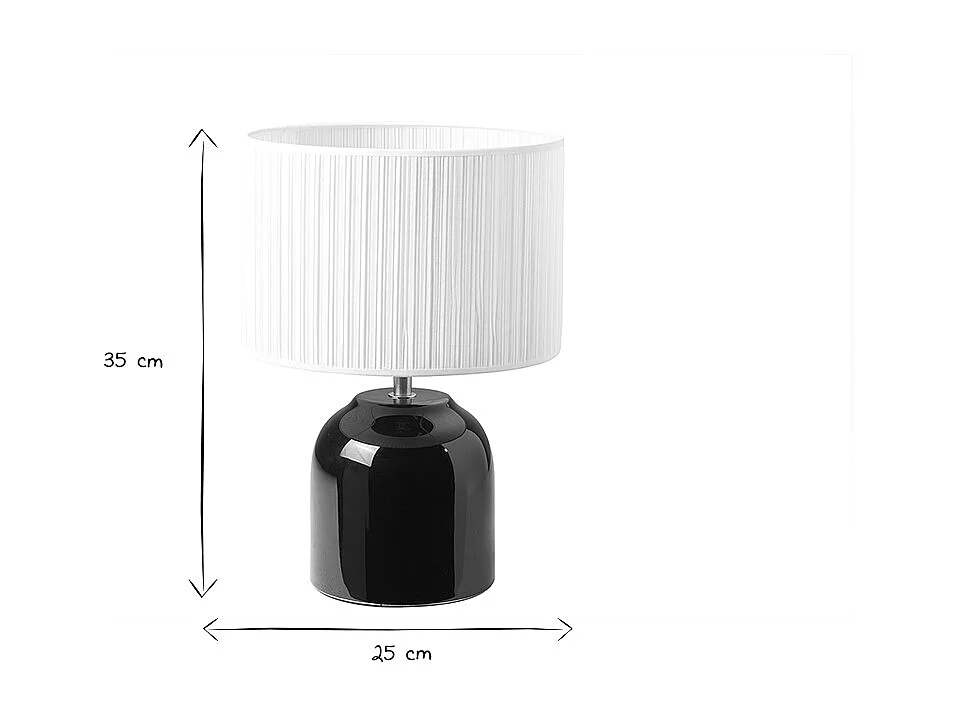 Lampe à poser noire en céramique brillante et abat-jour en tissu plissé blanc H35 cm PIEGA