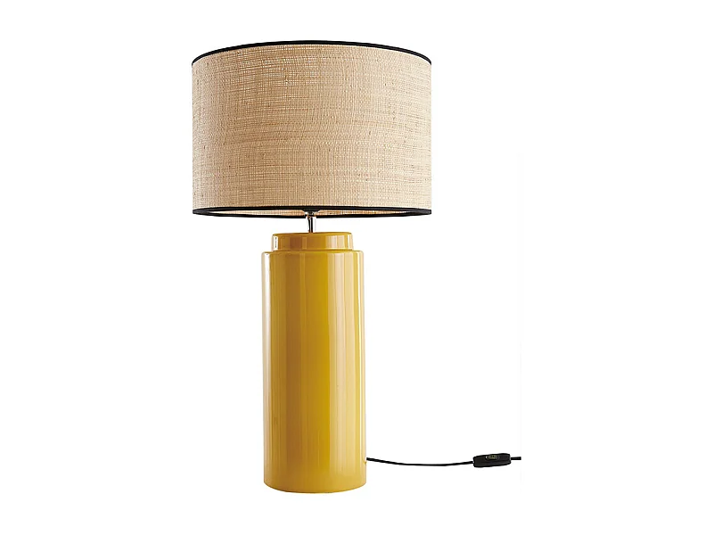 Lampe à poser en céramique émaillée jaune et abat-jour en raphia naturel H64 cm MAJES