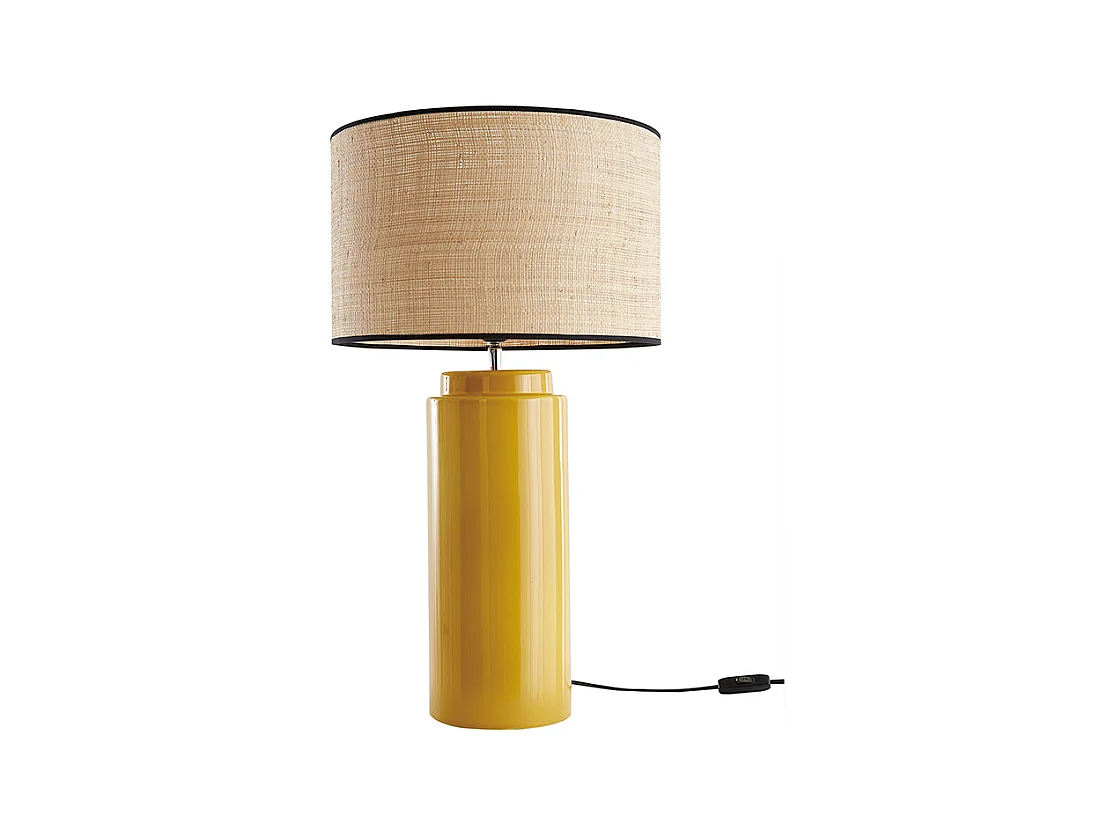 Lampe à poser en céramique émaillée jaune et abat-jour en raphia naturel H64 cm MAJES