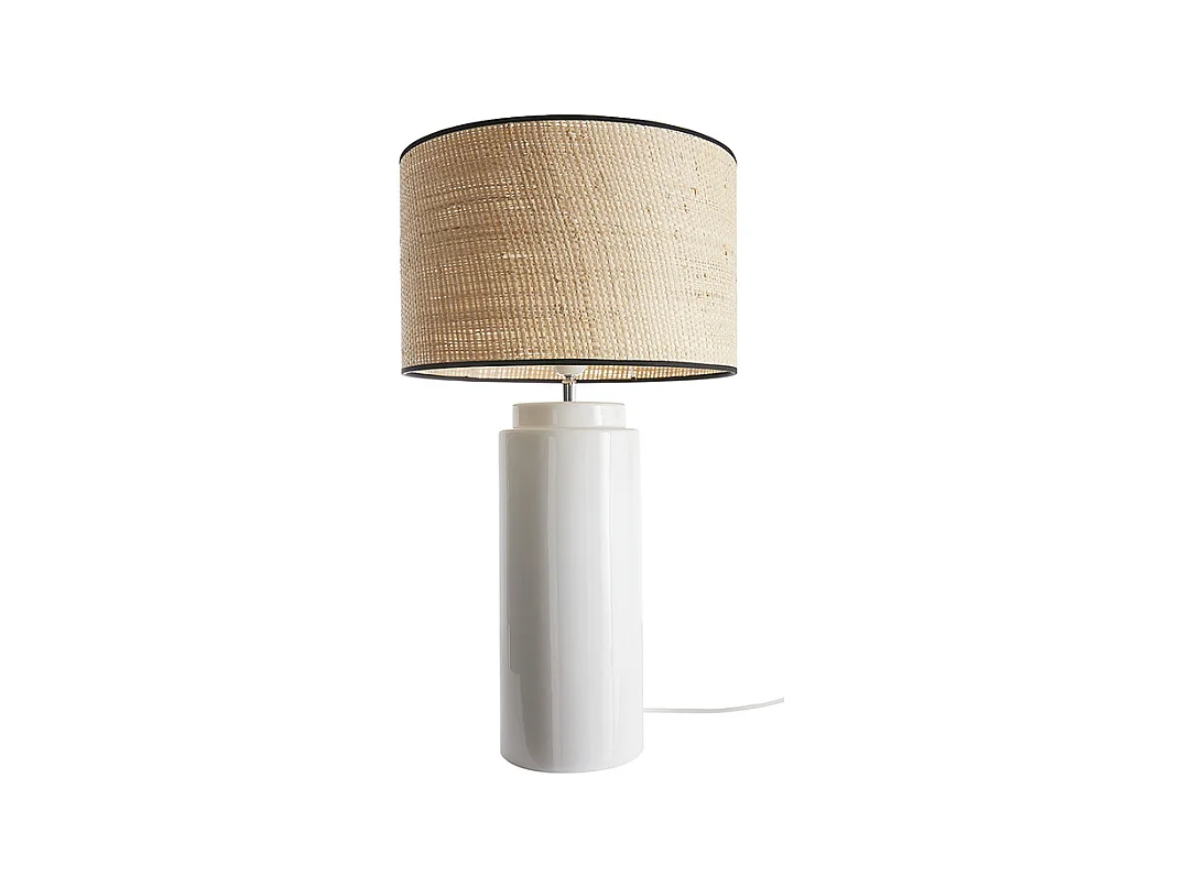 Lampe à poser en céramique émaillée blanche et abat-jour en raphia naturel H64 cm MAJES