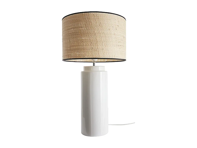Lampe à poser en céramique émaillée blanche et abat-jour en raphia naturel H64 cm MAJES