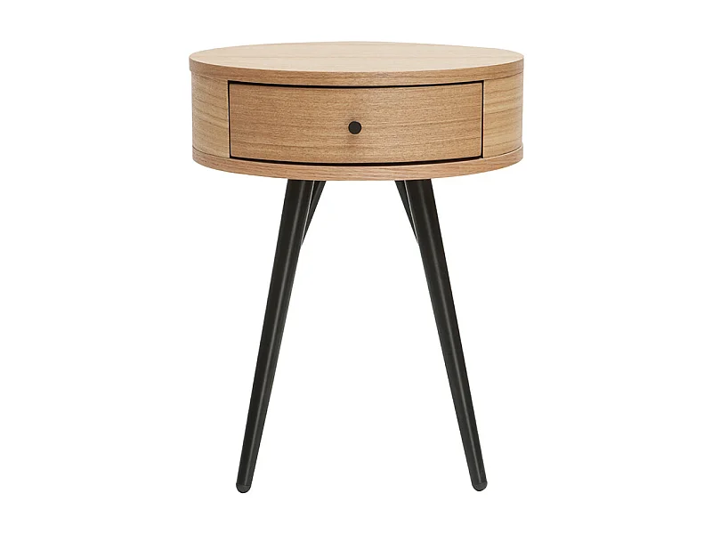 Table de chevet ronde avec tiroir bois clair et métal noir KORAL