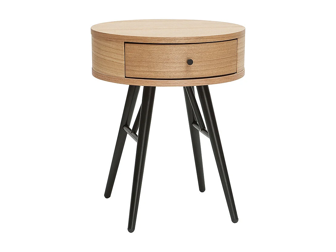 Table de chevet ronde avec tiroir bois clair et métal noir KORAL