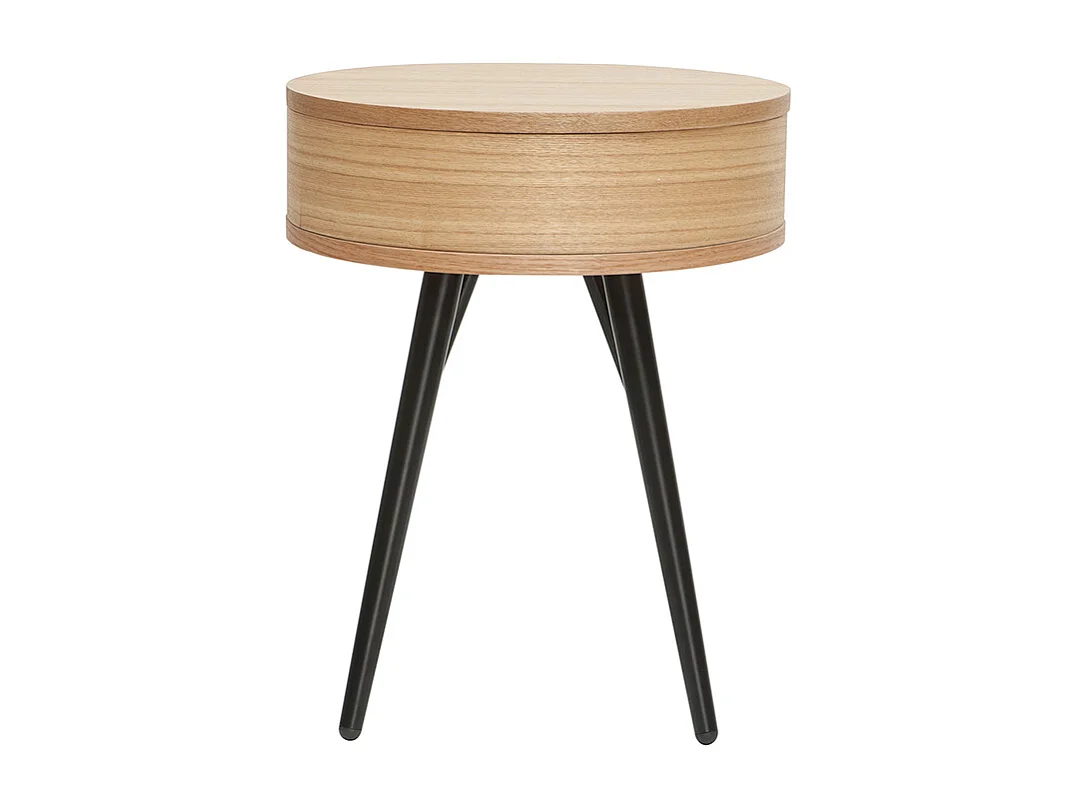 Table de chevet ronde avec tiroir bois clair et métal noir KORAL