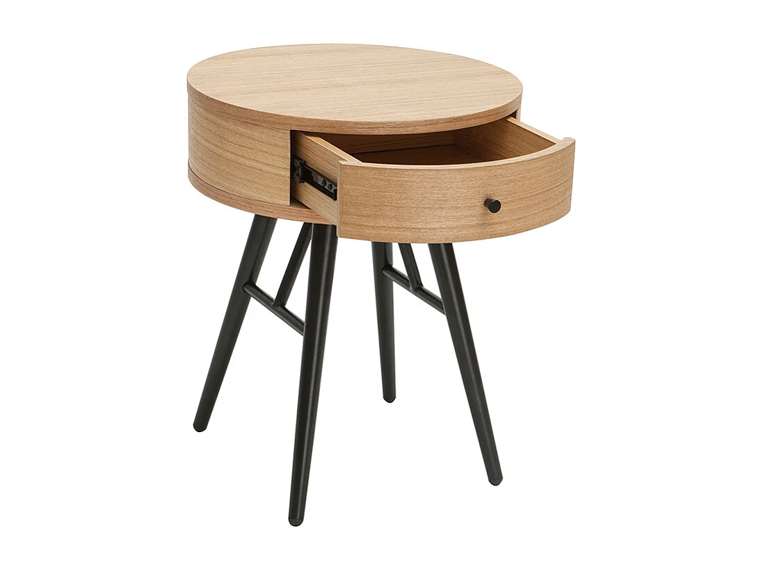 Table de chevet ronde avec tiroir bois clair et métal noir KORAL