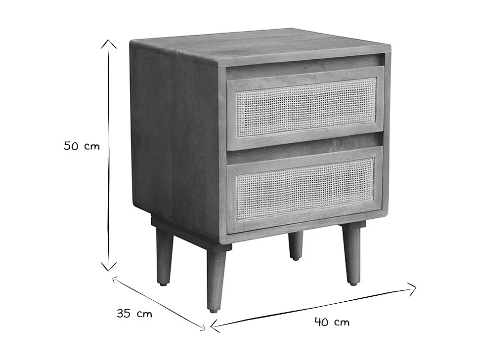 Comodino in legno massello di mango e motivo a intreccio rattan con 2 cassetti ACANGE
