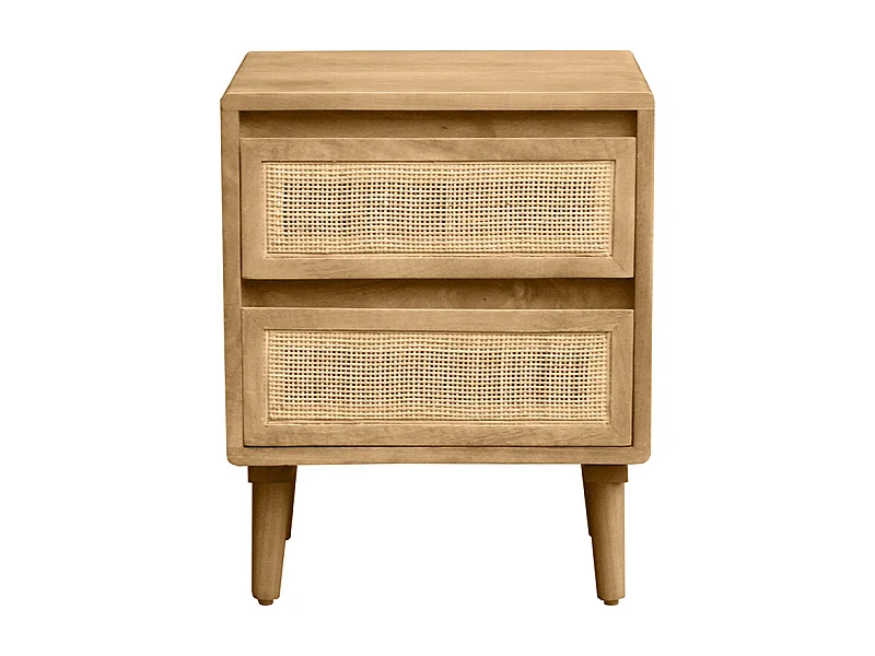 Table de chevet en bois manguier massif et cannage rotin avec rangements 2 tiroirs ACANGE