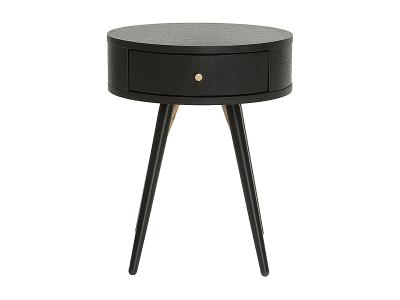 Mesilla de noche vintage redonda de madera y metal negro con detalles dorados KORAL