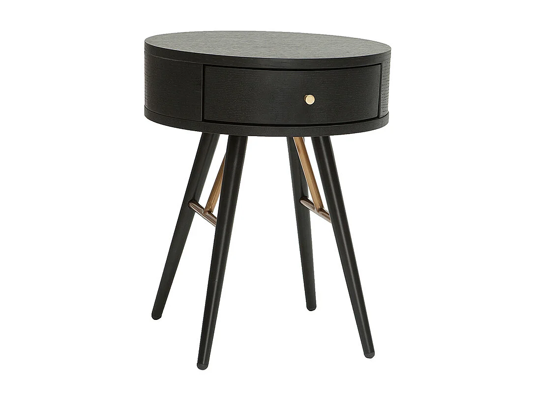 Mesilla de noche vintage redonda de madera y metal negro con detalles dorados KORAL