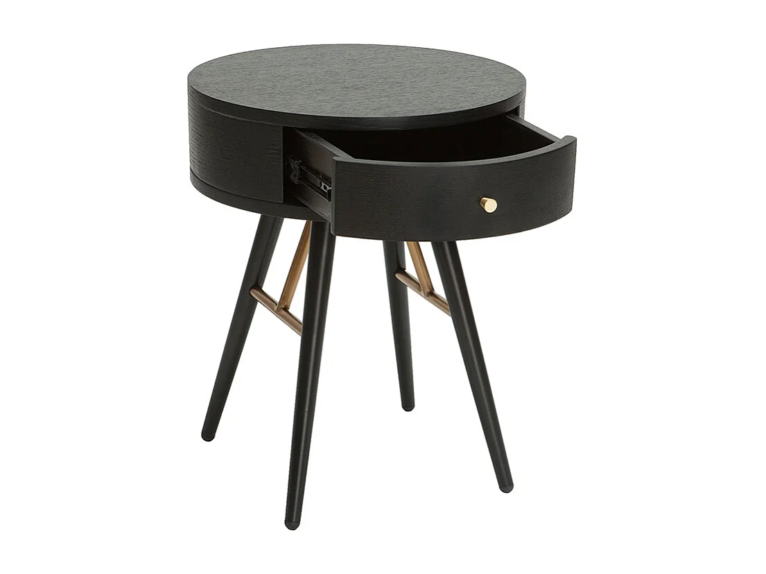 Table de chevet ronde avec tiroir bois et métal noir KORAL