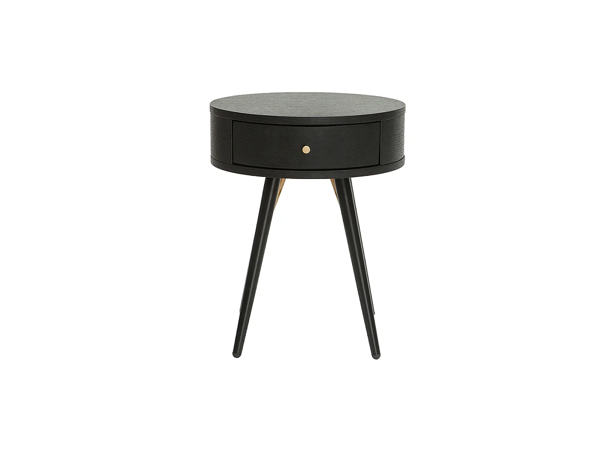 Runder Vintage-Nachttisch aus Holz, schwarzem Metall und goldfarbenen Details KORAL