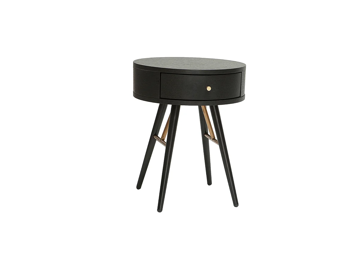 Runder Vintage-Nachttisch aus Holz, schwarzem Metall und goldfarbenen Details KORAL