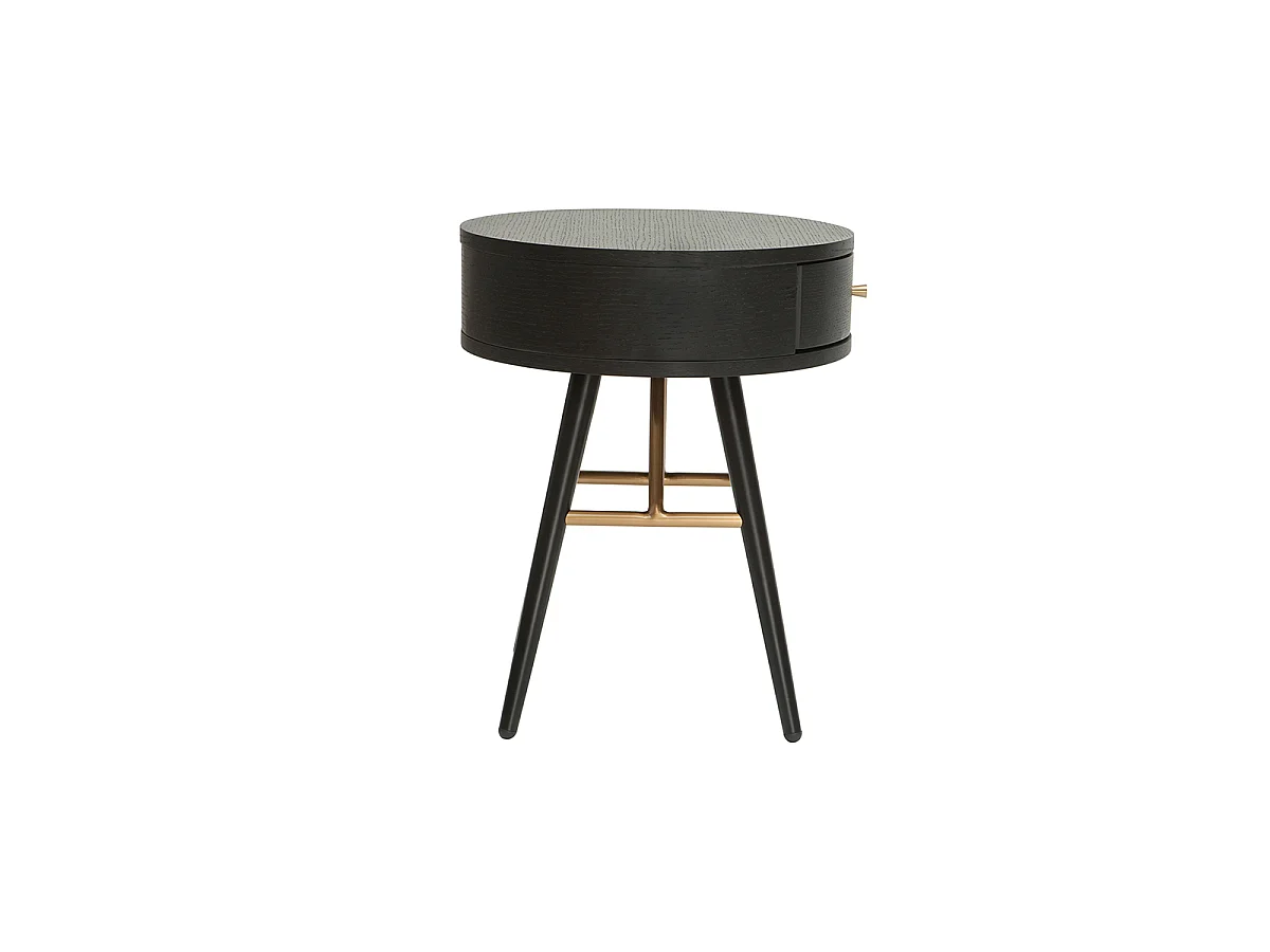 Runder Vintage-Nachttisch aus Holz, schwarzem Metall und goldfarbenen Details KORAL