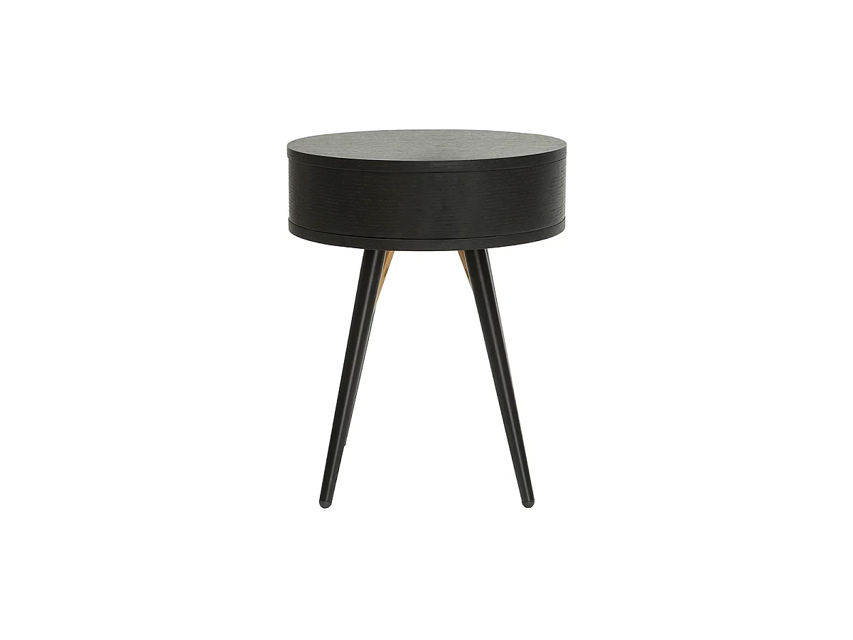 Runder Vintage-Nachttisch aus Holz, schwarzem Metall und goldfarbenen Details KORAL