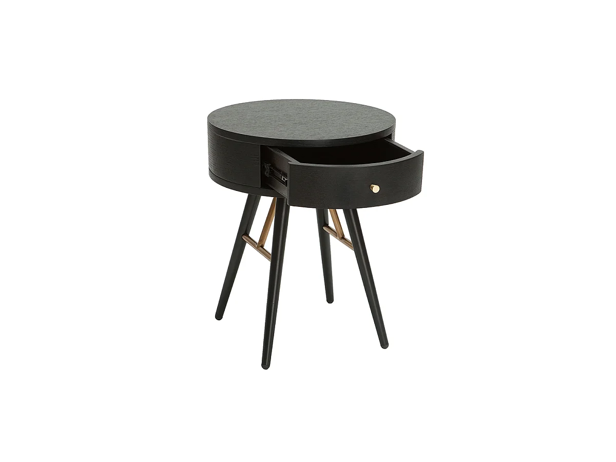 Runder Vintage-Nachttisch aus Holz, schwarzem Metall und goldfarbenen Details KORAL