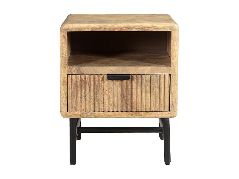 Mesilla de noche con almacenaje de madera maciza de mango y metal negro MORISSON