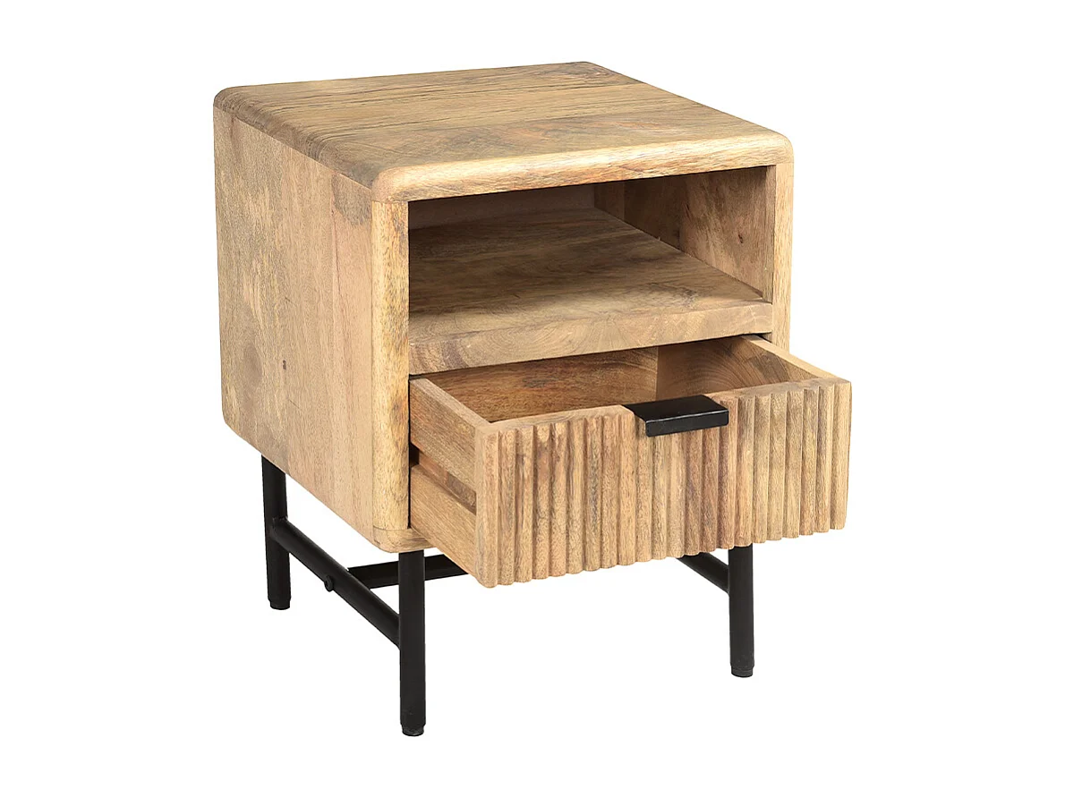 Table de chevet avec rangements bois manguier massif gravé et métal noir MORISSON