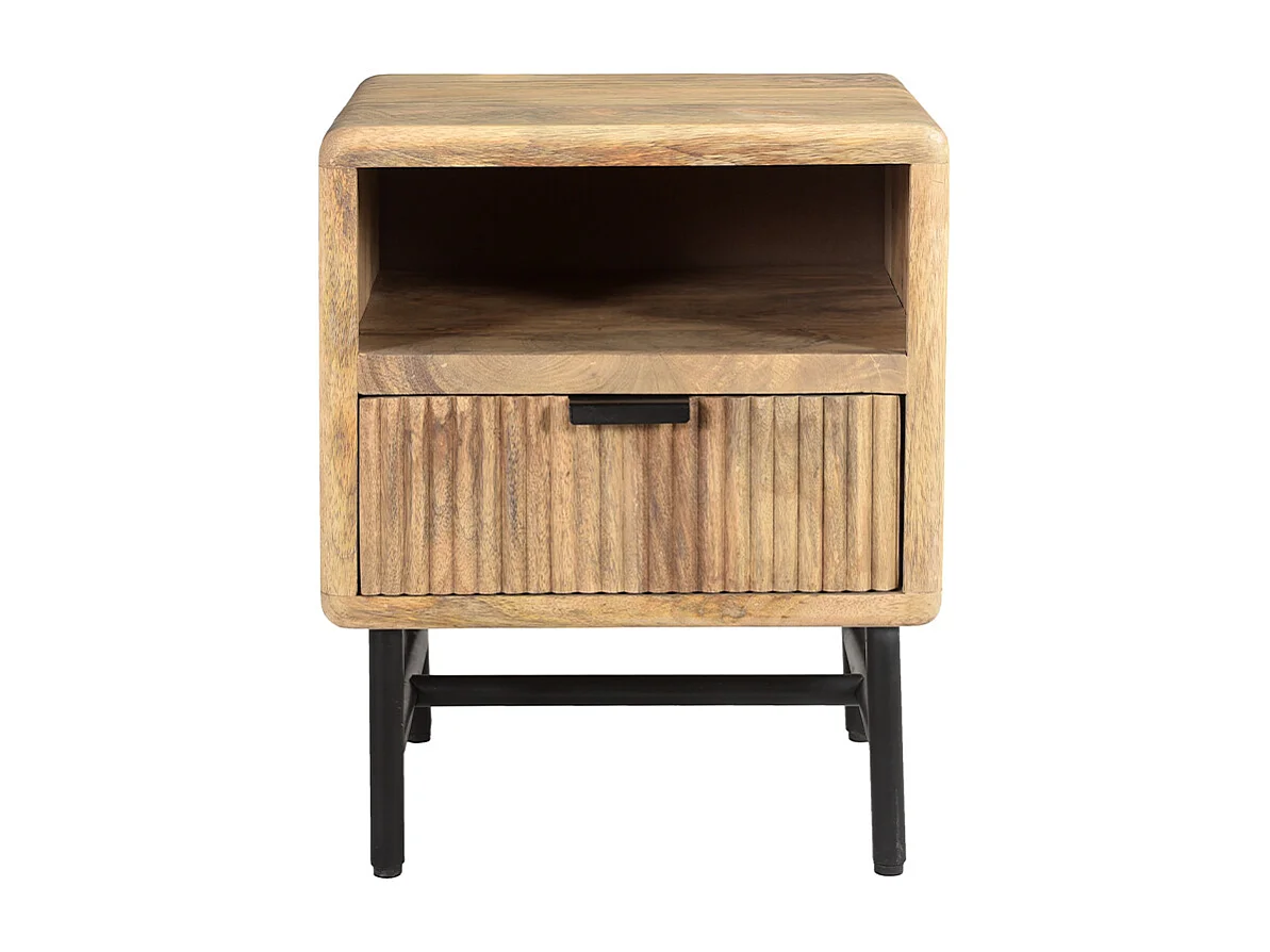 Table de chevet avec rangements bois manguier massif gravé et métal noir MORISSON