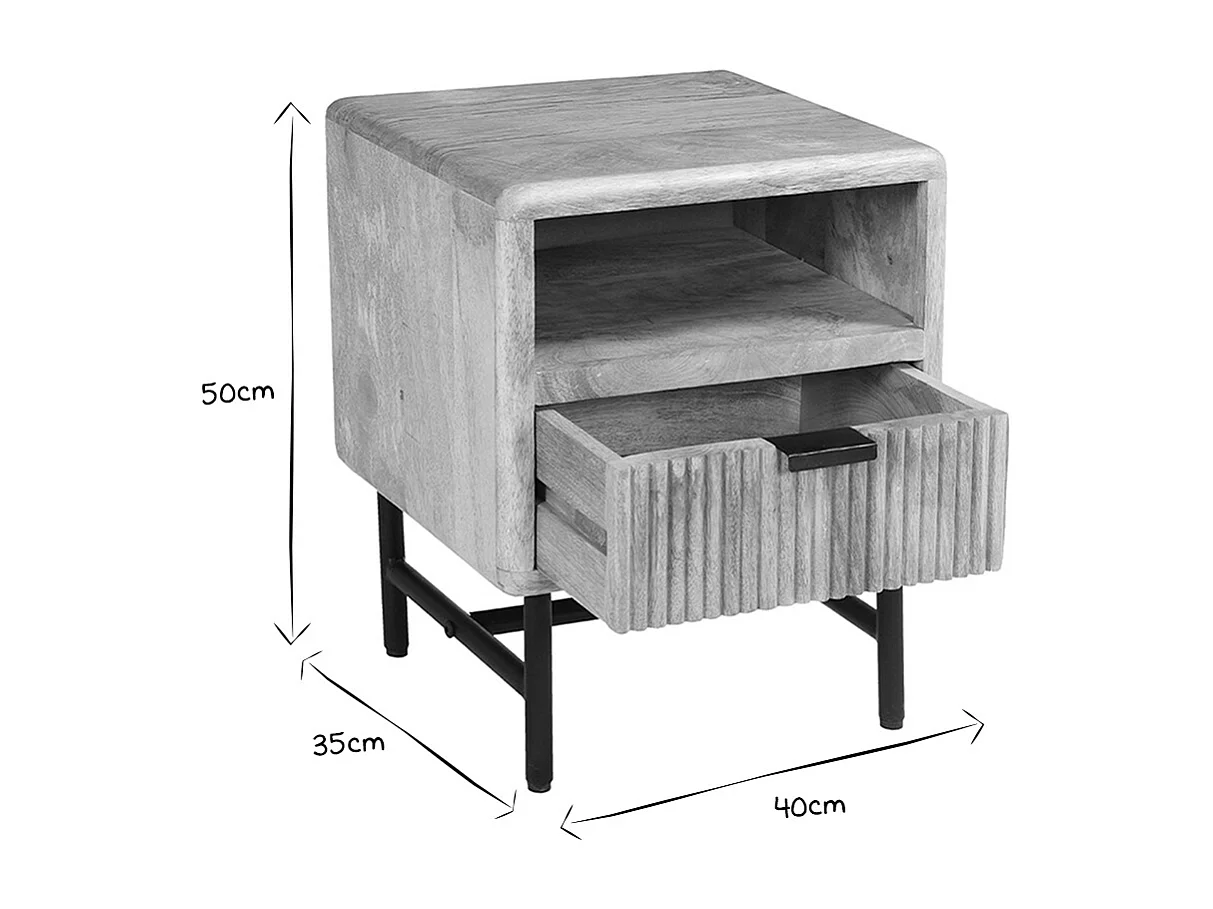 Table de chevet avec rangements bois manguier massif gravé et métal noir MORISSON