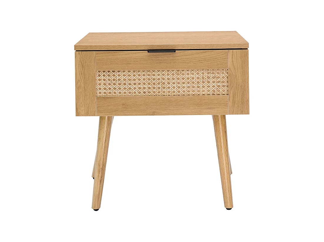 Table de chevet finition bois clair, cannage rotin et métal noir MANILLE