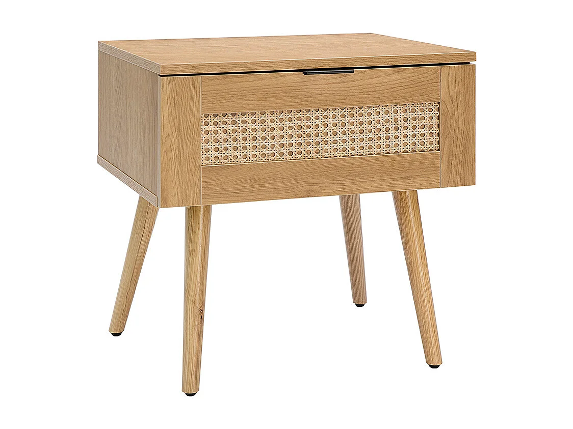 Table de chevet finition bois clair, cannage rotin et métal noir MANILLE