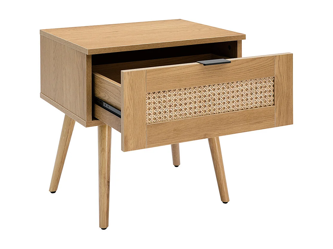 Table de chevet finition bois clair, cannage rotin et métal noir MANILLE