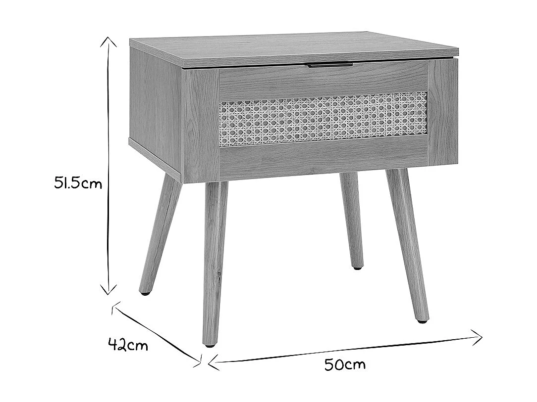 Table de chevet finition bois clair, cannage rotin et métal noir MANILLE