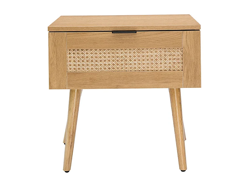 Comodino in legno chiaro, motivo a intreccio rattan e metallo nero MANILLE