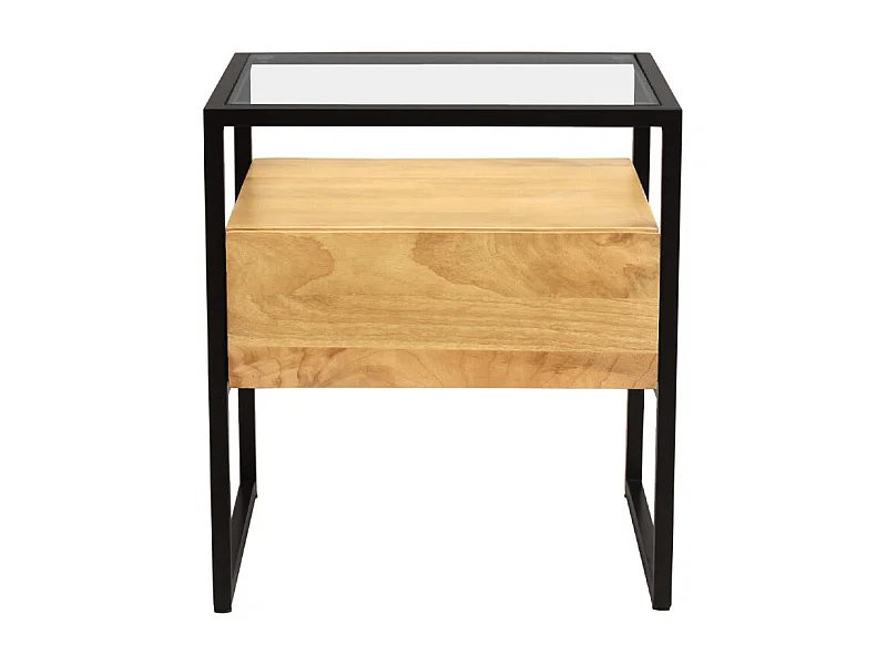 Nachttisch mit Schublade aus massivem Mangoholz, Glas und schwarzem Metall DIYA