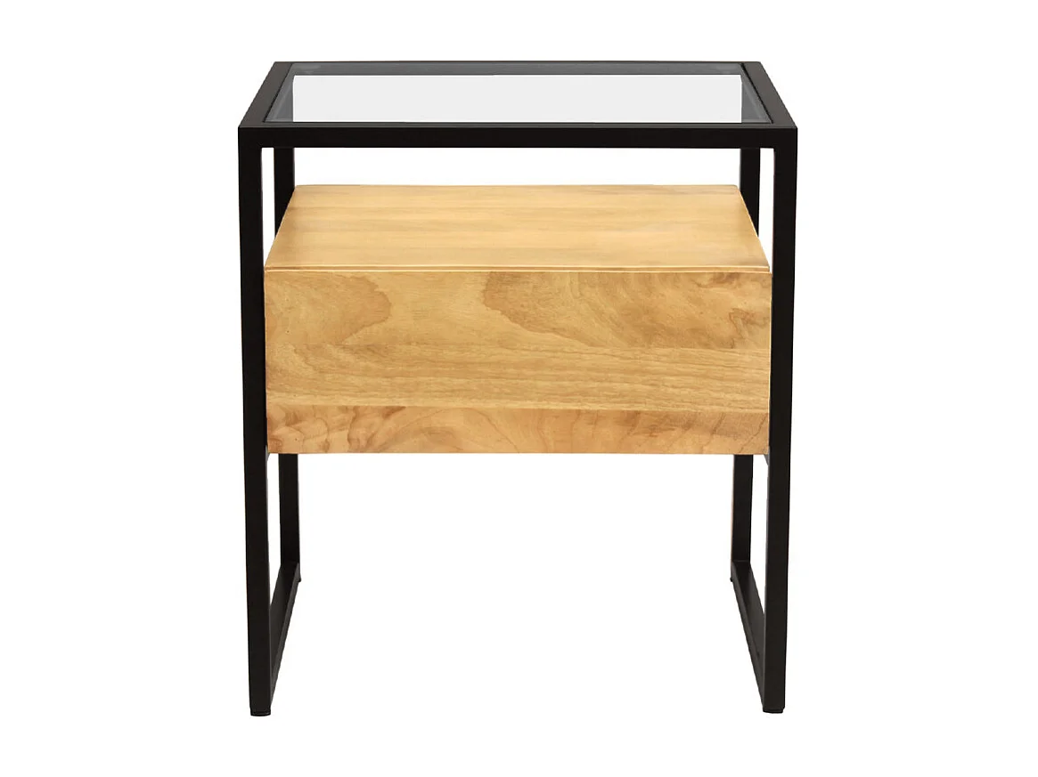 Nachttisch mit Schublade aus massivem Mangoholz, Glas und schwarzem Metall DIYA