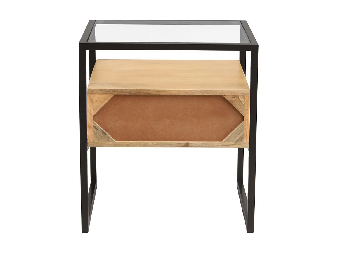 Nachttisch mit Schublade aus massivem Mangoholz, Glas und schwarzem Metall DIYA