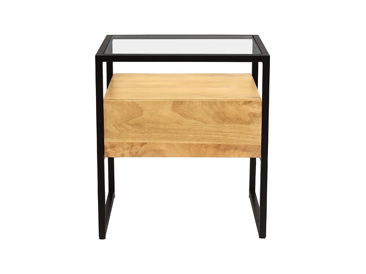 Table de chevet avec tiroir en bois manguier massif, verre et métal noir DIYA