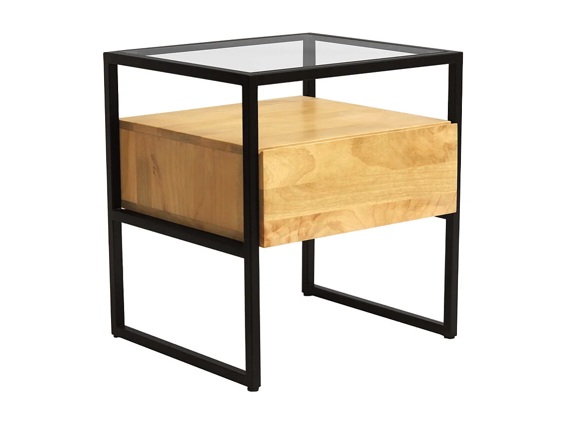 Nachttisch mit Schublade aus massivem Mangoholz, Glas und schwarzem Metall DIYA
