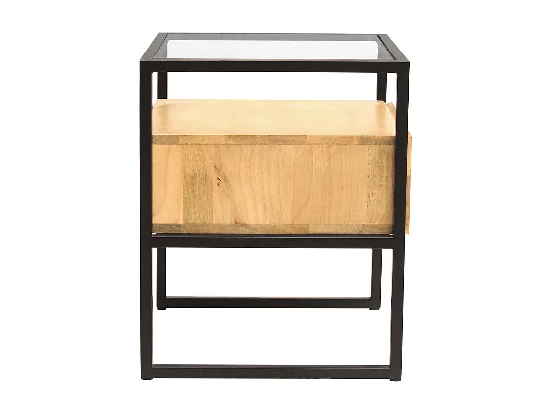 Nachttisch mit Schublade aus massivem Mangoholz, Glas und schwarzem Metall DIYA