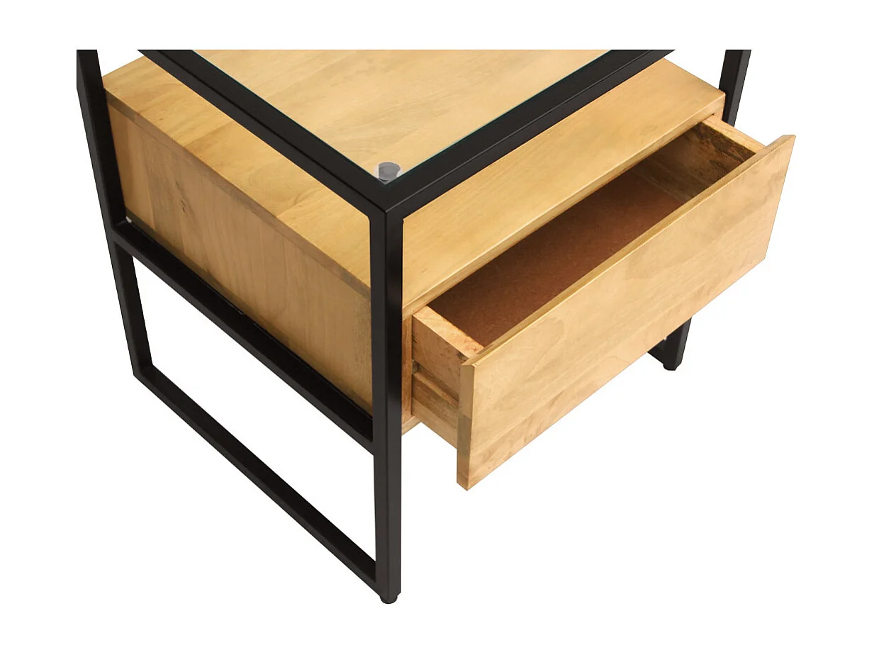 Nachttisch mit Schublade aus massivem Mangoholz, Glas und schwarzem Metall DIYA