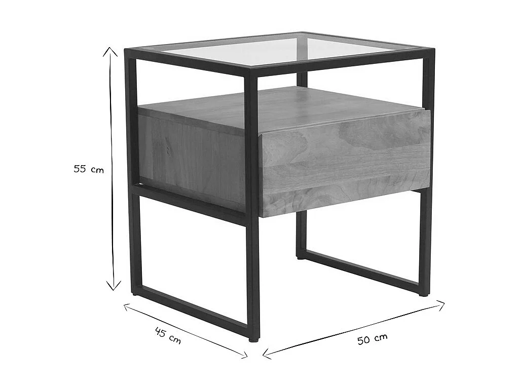 Nachttisch mit Schublade aus massivem Mangoholz, Glas und schwarzem Metall DIYA