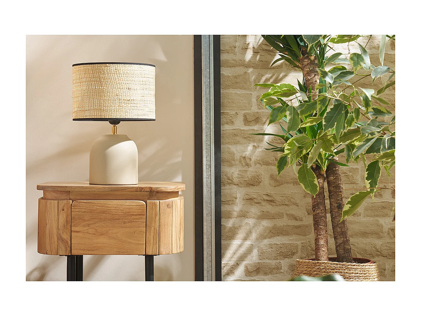 Mesilla de noche de madera maciza y metal negro con cajón NAPOLI