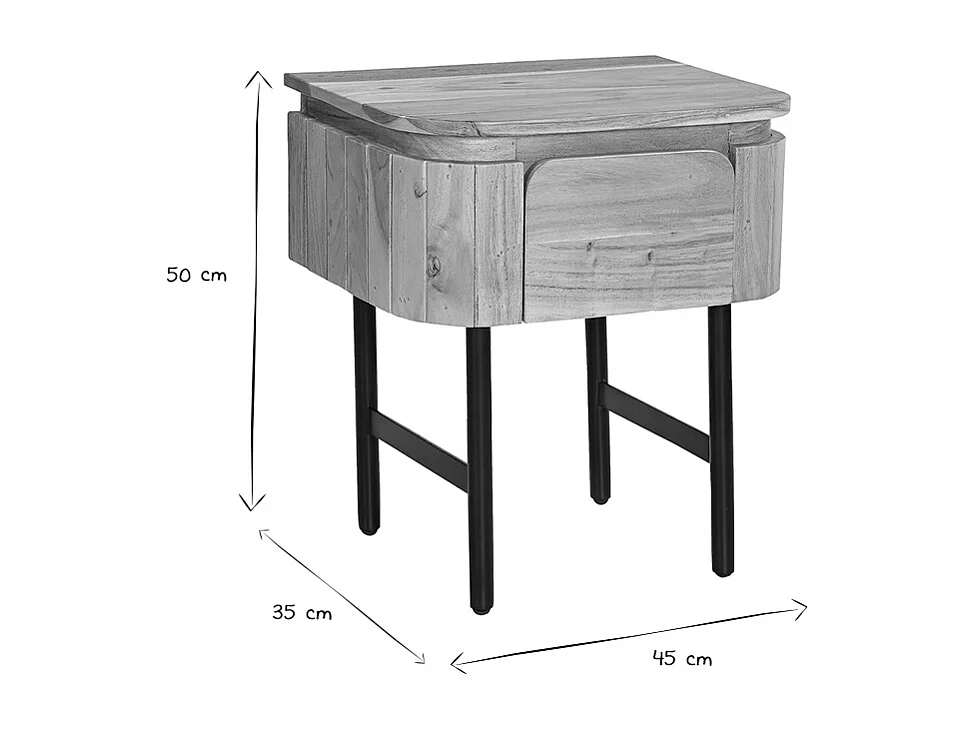 Mesilla de noche de madera maciza y metal negro con cajón NAPOLI