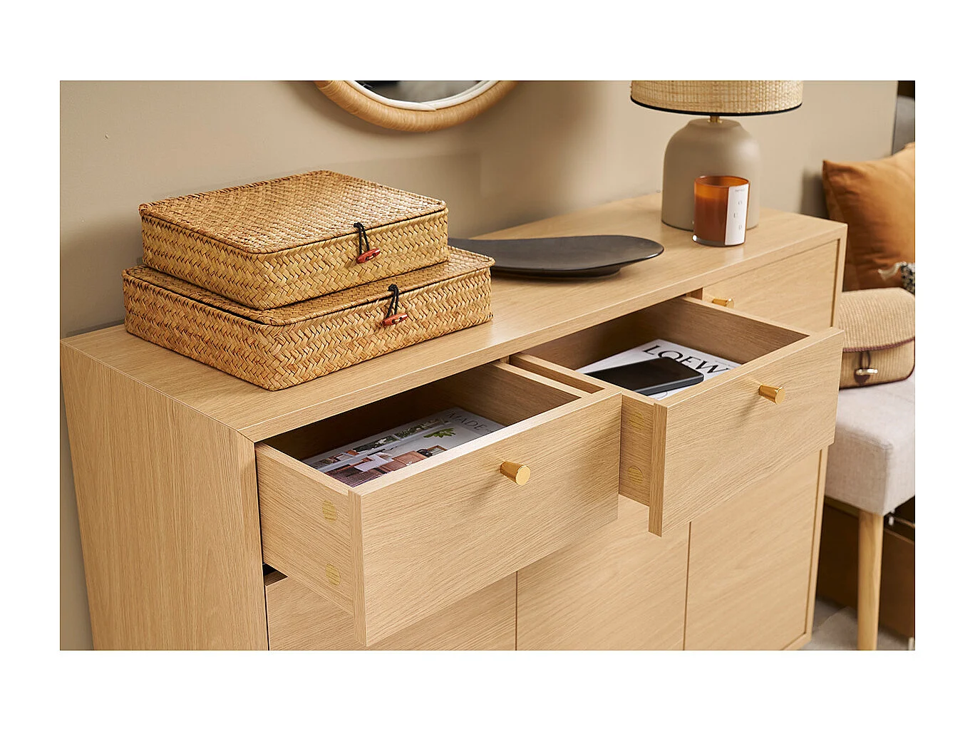 Meuble d'entrée -  meuble de rangements à chaussures finition bois clair chêne et métal doré L110 cm SILVESTRE