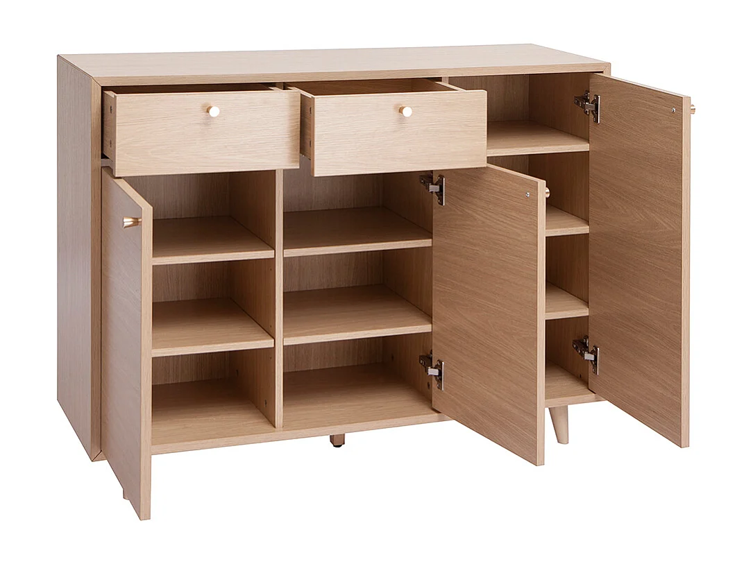 Meuble d'entrée -  meuble de rangements à chaussures finition bois clair chêne et métal doré L110 cm SILVESTRE