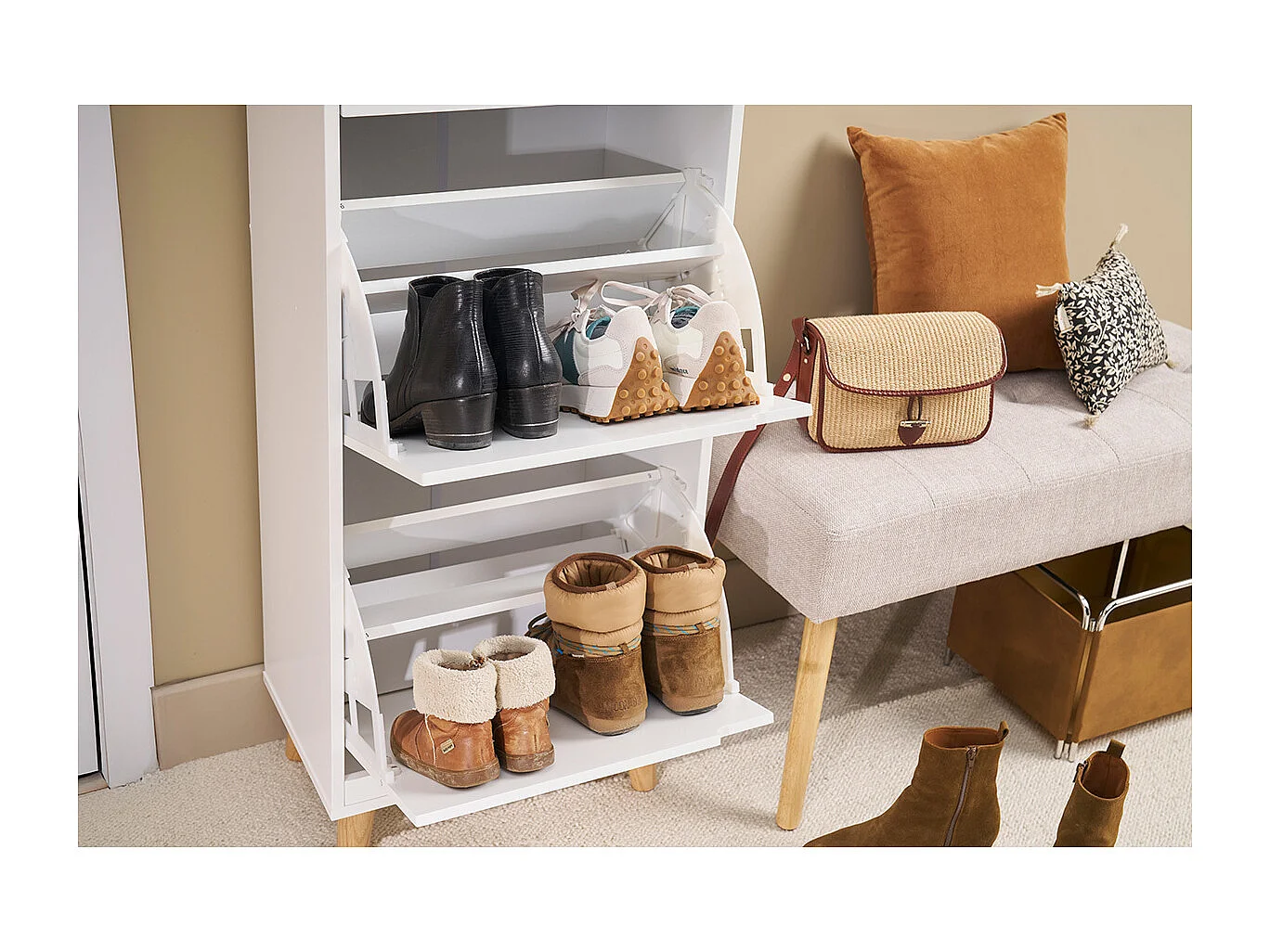 Mueble zapatero nórdico 3 cajones madera y blanco MITRAA