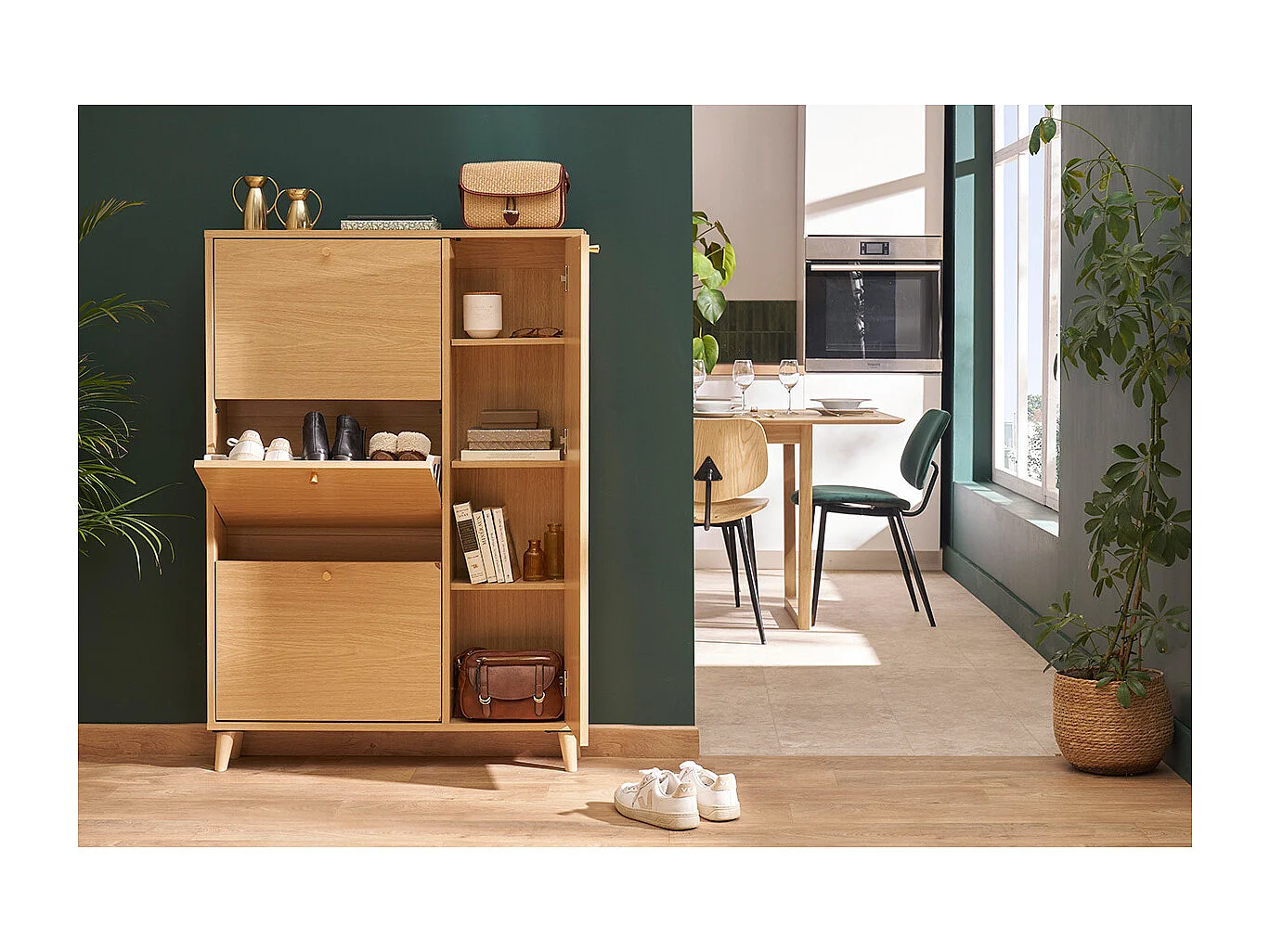 Schuhschrank in hellem Holzdekor Eiche und goldfarbenem Metall B90 cm SILVESTRE