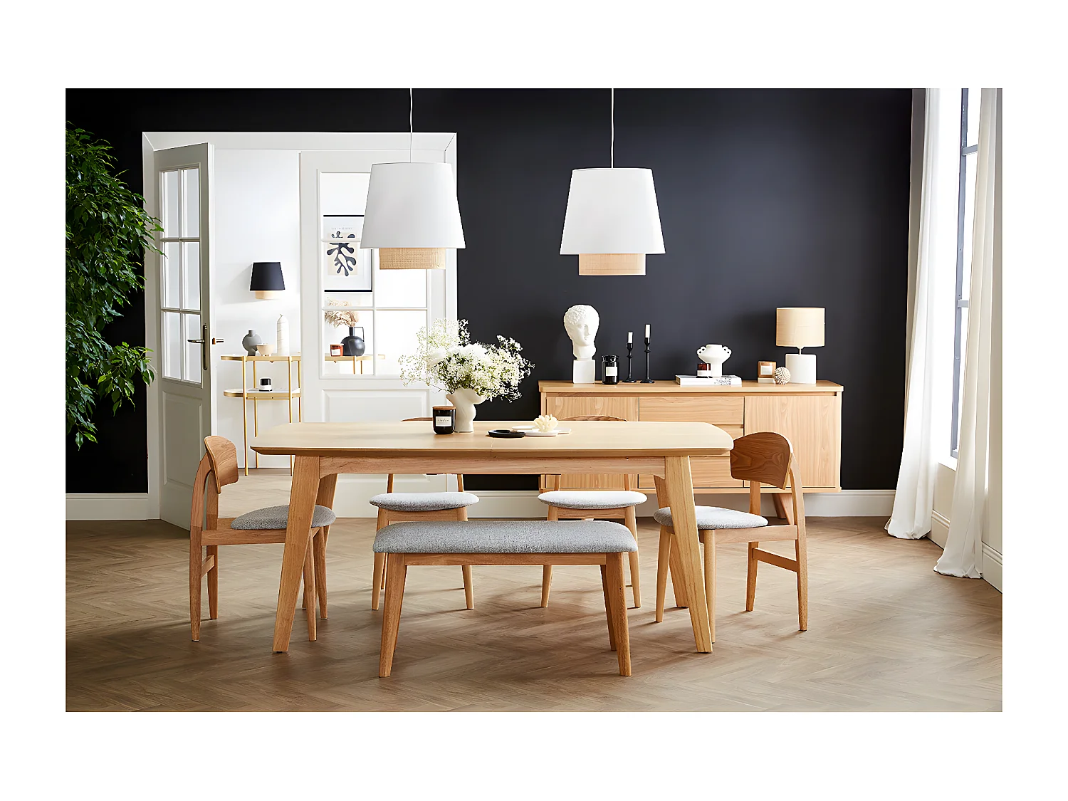 Banc scandinave en tissu gris clair et bois clair L92 cm ELION