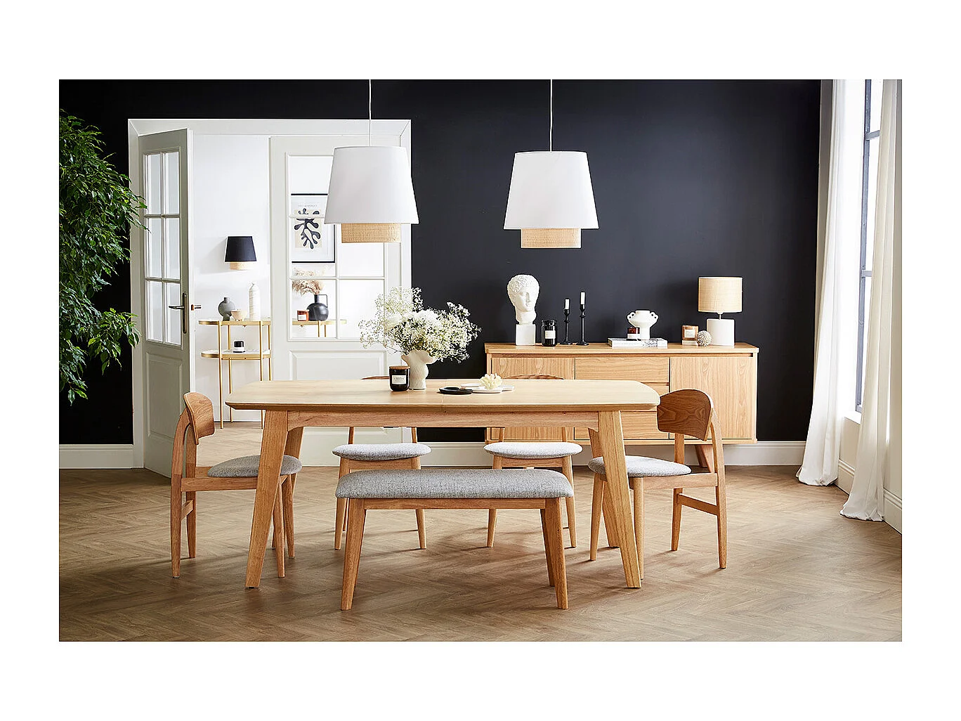 Banco de madera con tejido gris claro ELION