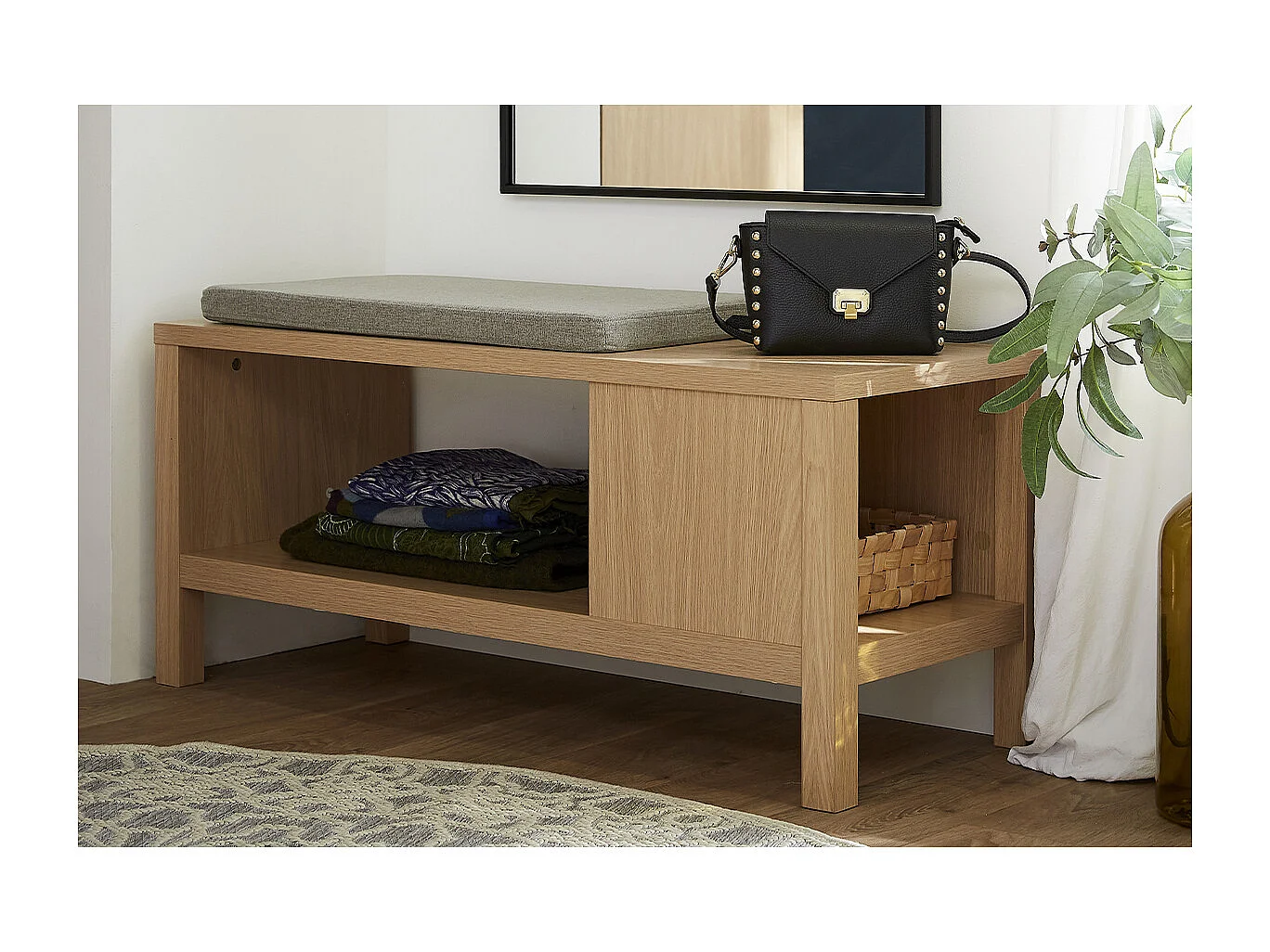 Sitzbank in Eiche mit Kissen und offener Nische B100 cm GUMBY