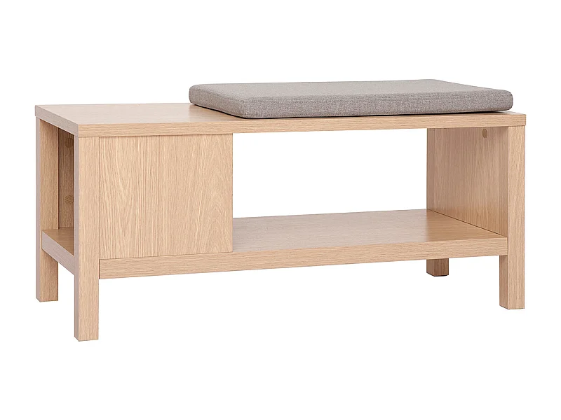 Banc d'entrée avec rangement finition bois clair chêne avec coussin banquette grège L100 cm GUMBY