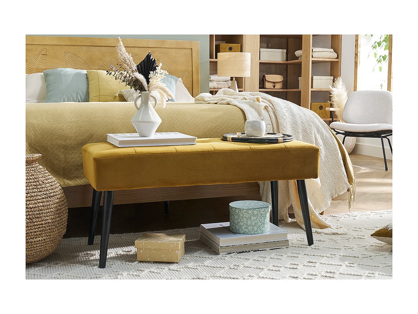 Panca design lavorazione capitonné in tessuto velluto color bronzo e metallo nero L95 cm GUESTA