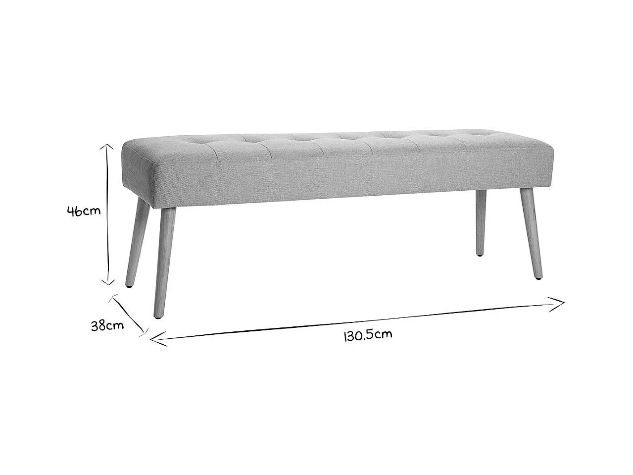 Banco nórdico capitoné de tela efecto aterciopelado texturizado gris claro y madera clara 130 cm GUESTA