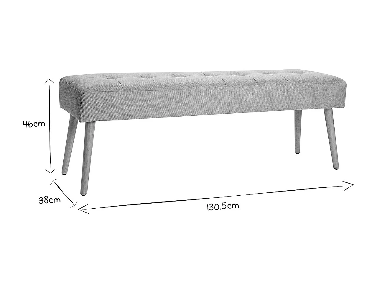 Banco nórdico capitoné de tela efecto aterciopelado texturizado gris claro y madera clara 130 cm GUESTA